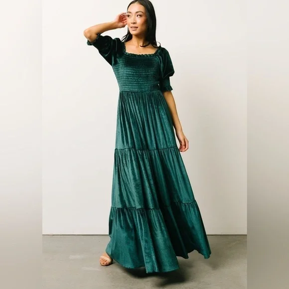 Baltic Born Clara Smocked Velvet Maxi Dress Green NWT - Picture 14 of 16